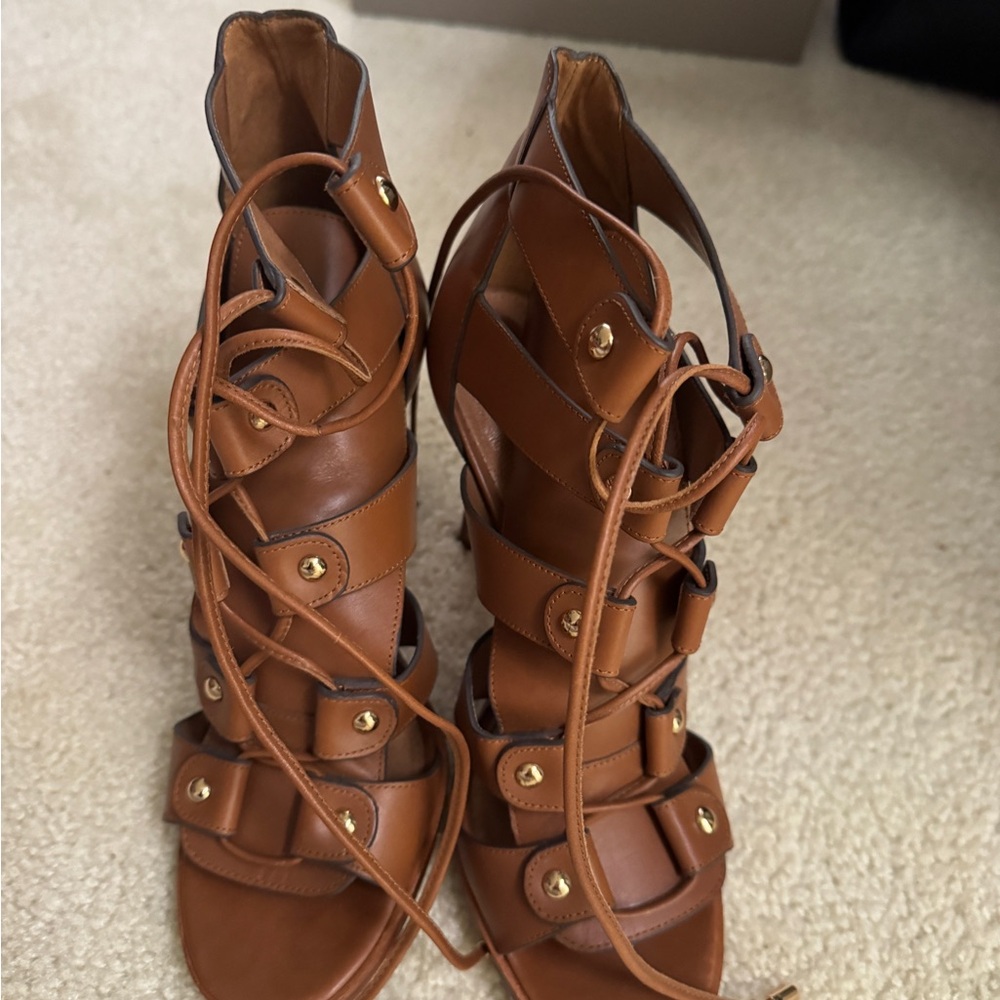 Coach Tan Strappy Heels with Gold Accents